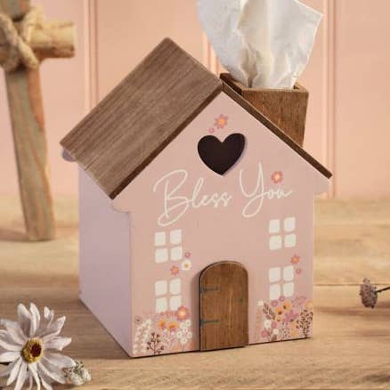 Ditsy Floral Wood Bless You Tissue House Box for wholesale by Langs