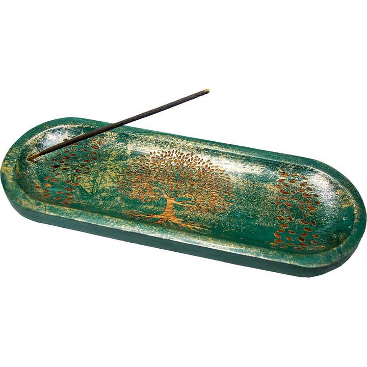 Mango Wood Incense Holder Laser Engraved - Tree Of Life Grn for wholesale by Kheops International