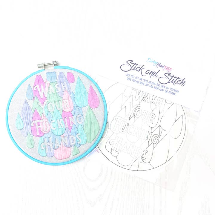 Wash Your F* Hands Stick and Stitch ricamo a mano per la vendita all'ingrosso da parte di Diving Head First