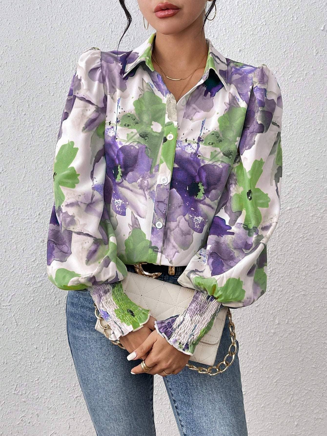 Fashion Combination - Wholesale Button Down Shirt - Women's - priv floral print lantern sleeve shirt32
