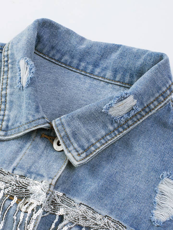 Sky Blue Sequin Embellished Fringe Distressed Denim Jacket for wholesale on Faire16
