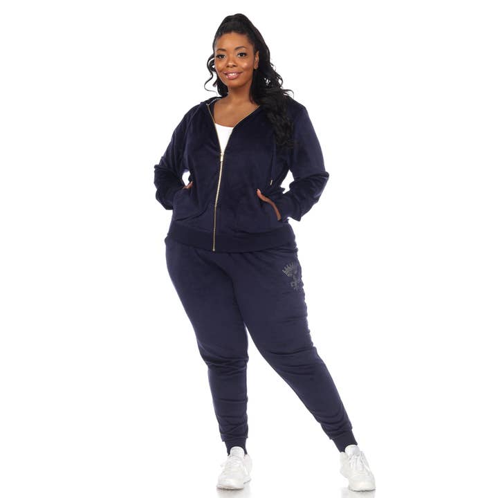 WHITE MARK – Großhandel Trainingsanzug – Damen – Plus Size Strass 2-teiliges Velour-Trainingsanzug-Set