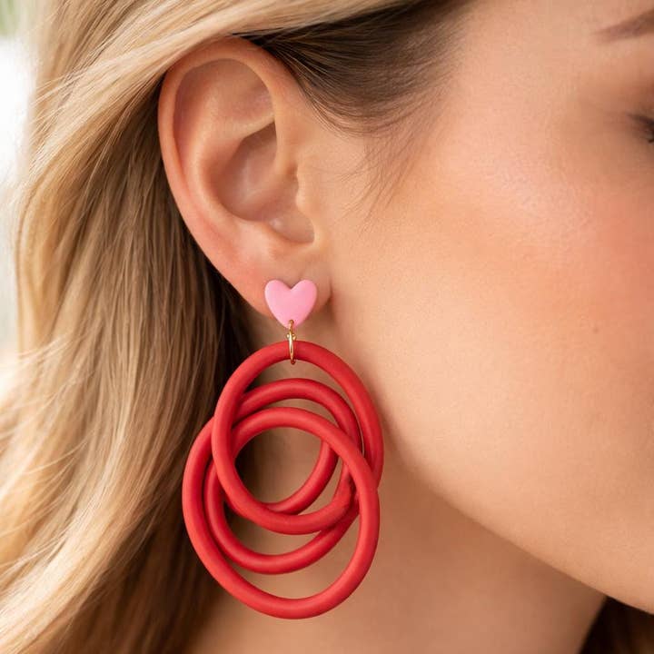 Red Spiral Polymer Clay Earrings with Pink Heart Studs, Gift for wholesale by Studio Niani