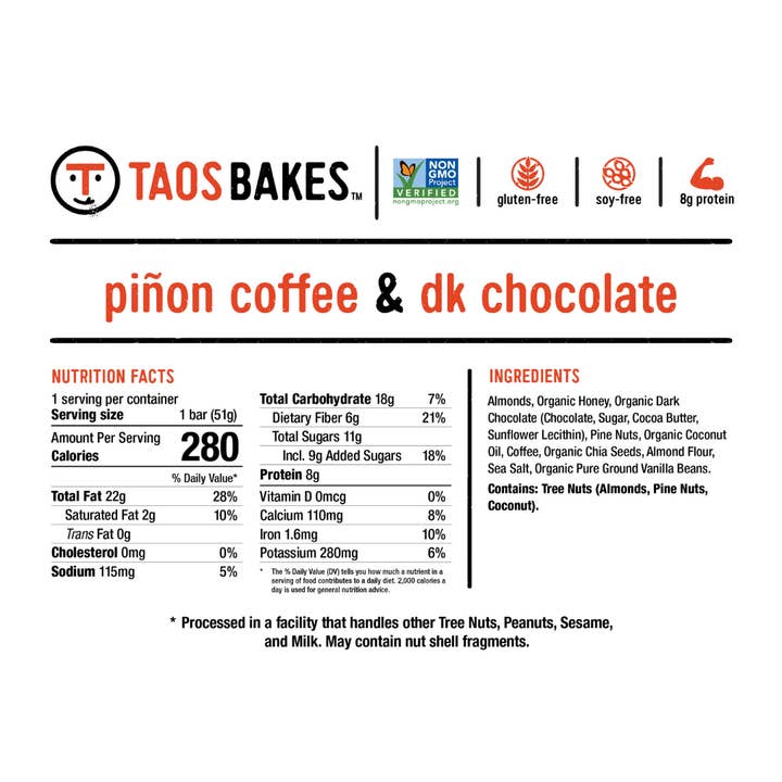 Taos Bakes - Wholesale Snack Bar - Pinon Coffee + Dark Chocolate | Snack Bars | 1.8oz2