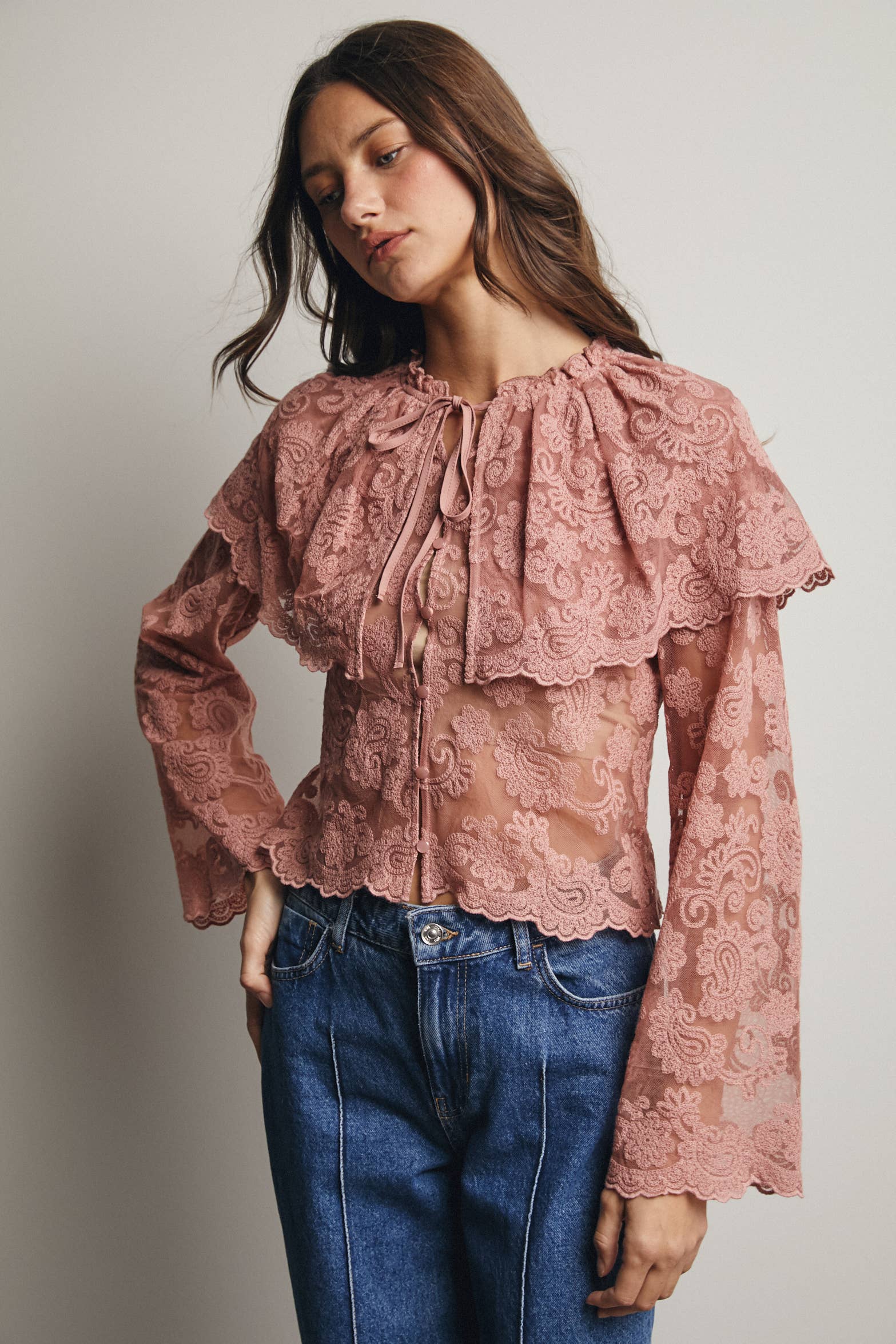 Forte - Wholesale Blouse - Women's - Sheer Embroidered Lace Blouse FT00161