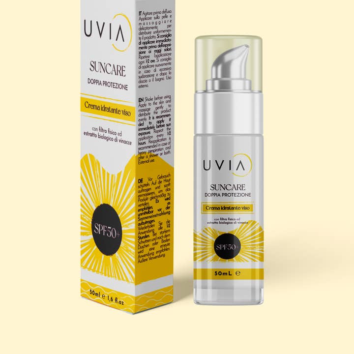 HIGH PROTECTION FACE CREAM 50+, UVIA DOUBLE PROTECTION for wholesale by UVIA by Planbio Cosmetics Srl