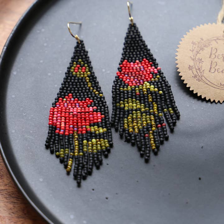 BerdorBeads - Wholesale Dangle Earrings - Dark flowers-handwoven beaded fringe earrings,rose,iris,lily