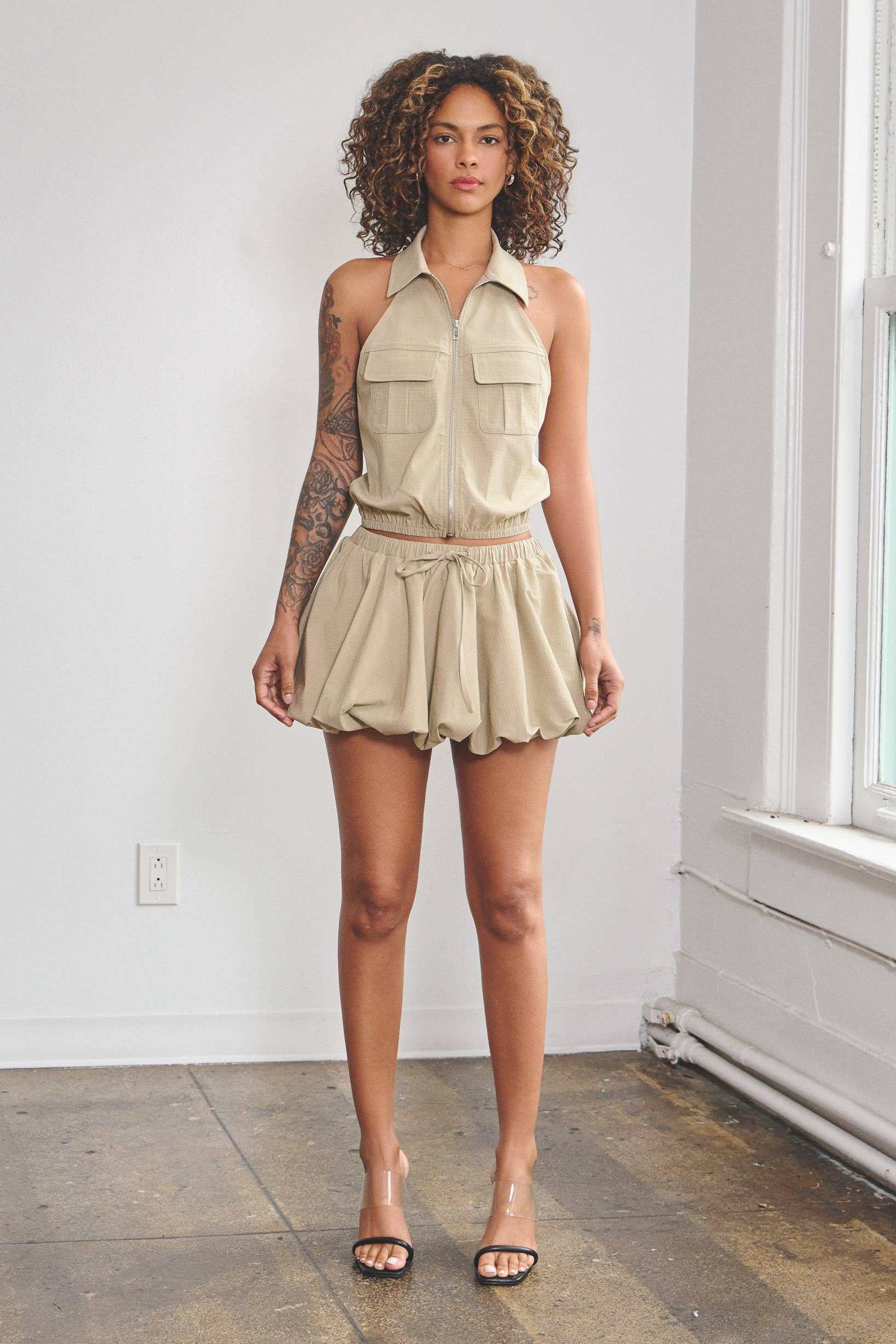 No Vacancy - Wholesale Top & Skirt Set - Women's - Stretchy woven collared top & bubble skort set6