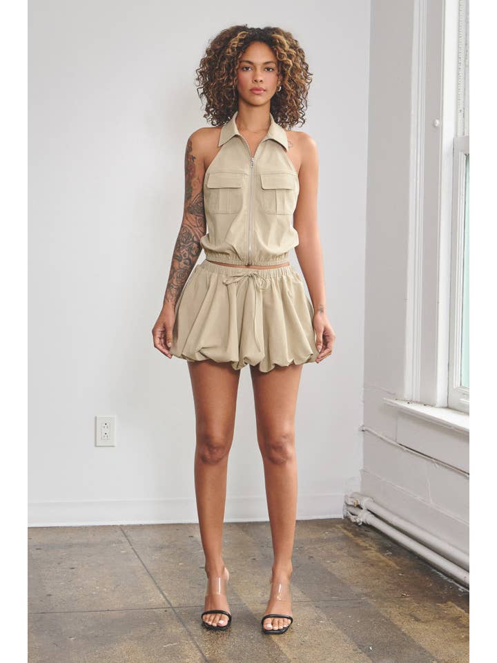 No Vacancy - Wholesale Top & Skirt Set - Women's - Stretchy woven collared top & bubble skort set6