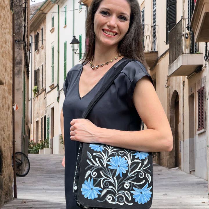 Rayz Intl - Wholesale Messenger Bag - Women's - Handmade Black and Blue Suede Embroidered Messenger Bag