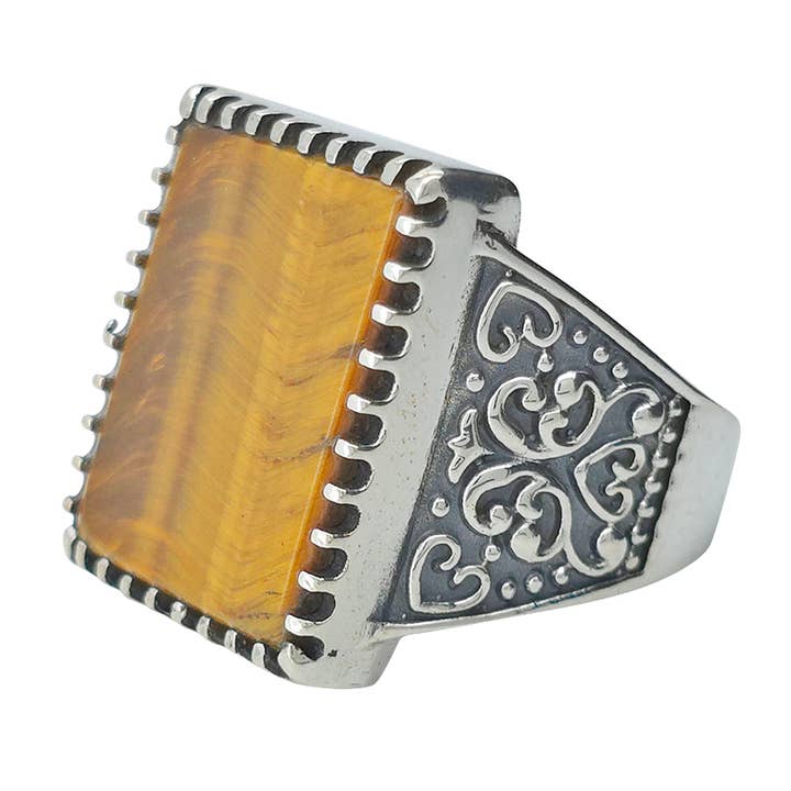 Bague en argent sterling en forme d'œil de tigre pour homme pour la vente par Amberman