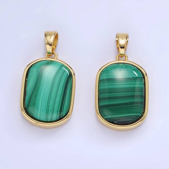 Aim Eternal - Wholesale Individual Charm/Pendant - 14K Gold Filled 30mm Malachite Gemstone Oblong Bezel Pendant | AA12373
