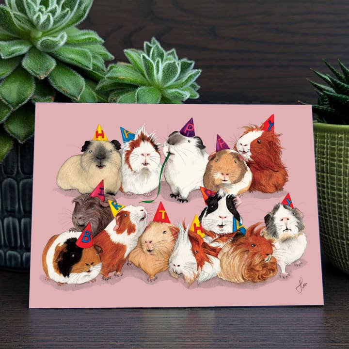 Guinea pigs in party hats card, Cute piggy Birthday card for wholesale by Hes Designs