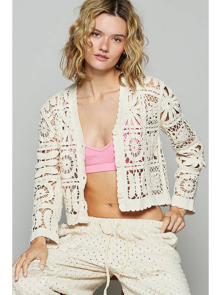Pol Clothing - Wholesale Cardigan - Women's - V neck long sleeve cropped crochet cardigan