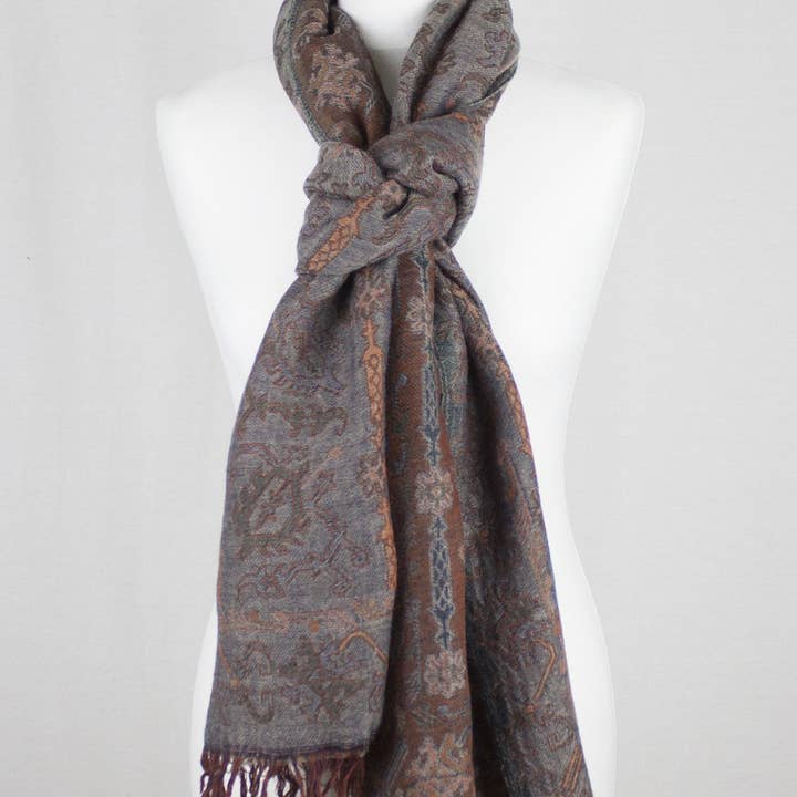 SVEZElife - Wholesale Sjaal - Dames - Jamdani Motif Jacquard Merino wollen sjaal - grijs oranje2