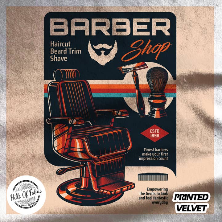 Barbers Shop Haircut Bedrucktes Stoffpaneel für den Großhandel von Hills Of Fabric