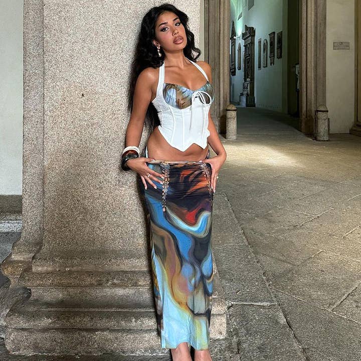 2025 NUOVO Set Estivo Euro Chic Top con Stampa Astratta Gonna per la vendita all'ingrosso da parte di Marayn