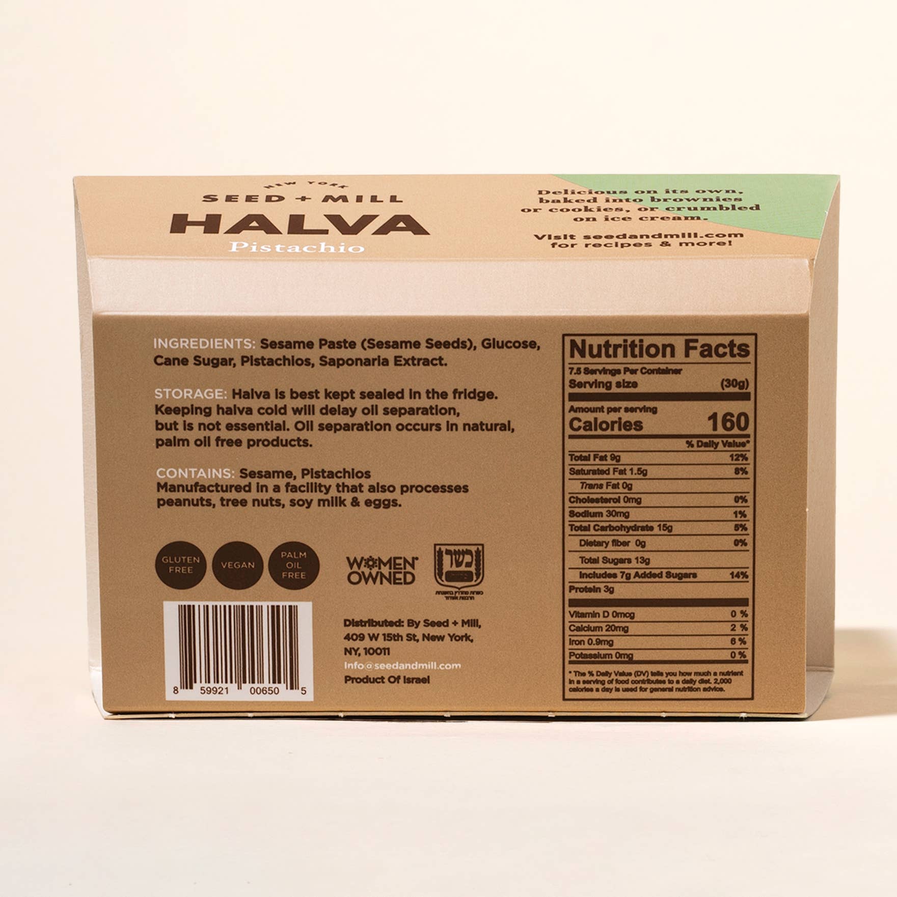 Seed + Mill - Wholesale Chocolate Bar - Pistachio Halva, 227g - Kosher Sesame Candy2