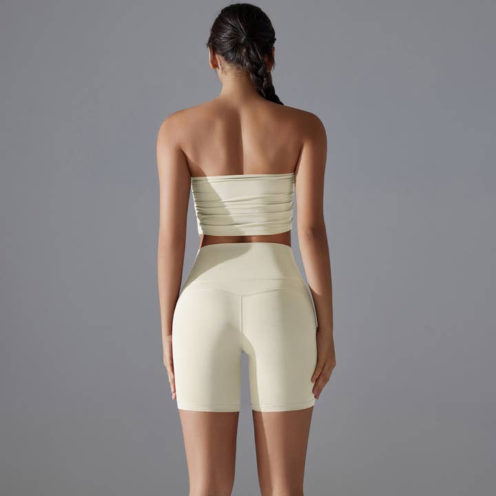 pinkblu02 – Engroshandel Activewear-sæt – til kvinder – Kvinder Yoga Ensfarvet Stropløs Top og Shorts Sæt7