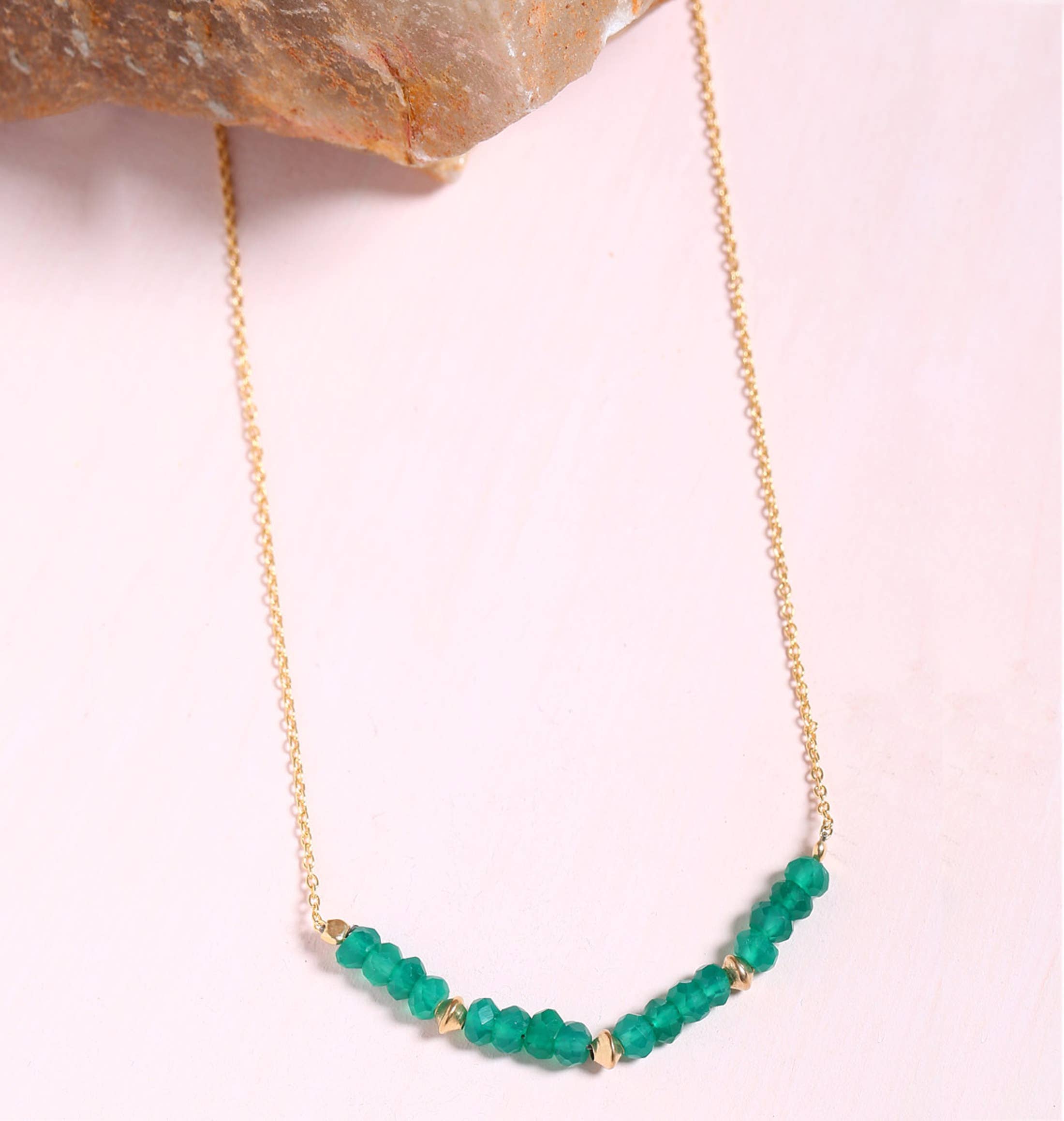 Tiramisu - Wholesale Link & Chain Necklace - Gold Plated 925 Silver Symmetrical Green Onyx Bead Necklace3