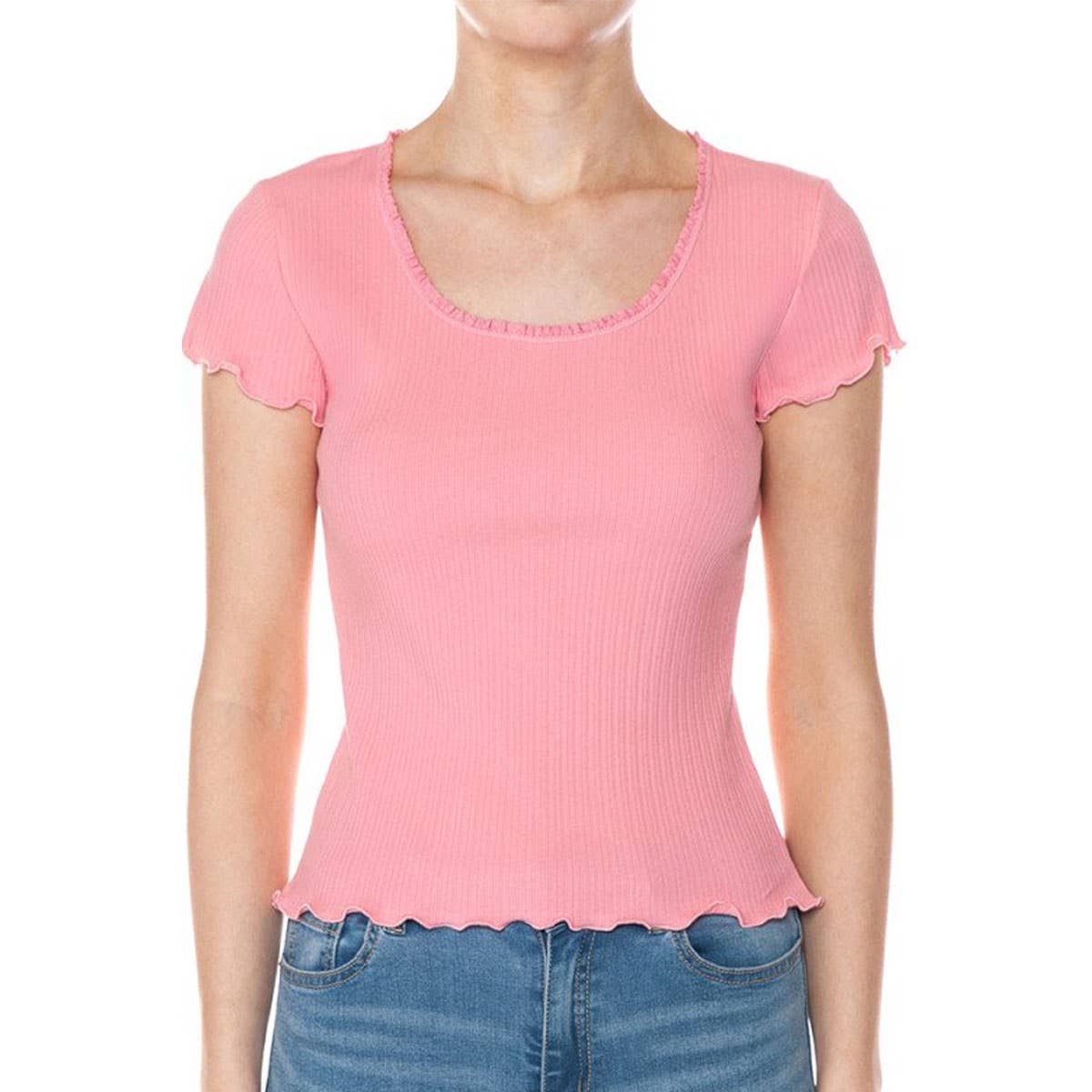 Timeless - Wholesale Knit Top - Women's - LETTUCE LACE TRIMMED SCOOP NECK SHORT SLEEVE TOP5