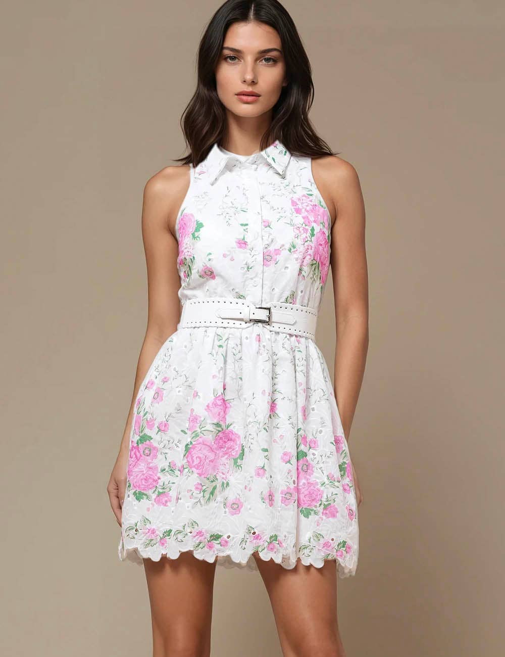 White Ladies Sleeveless Floral Print Mini Dress SKD51180 for wholesale on Faire8