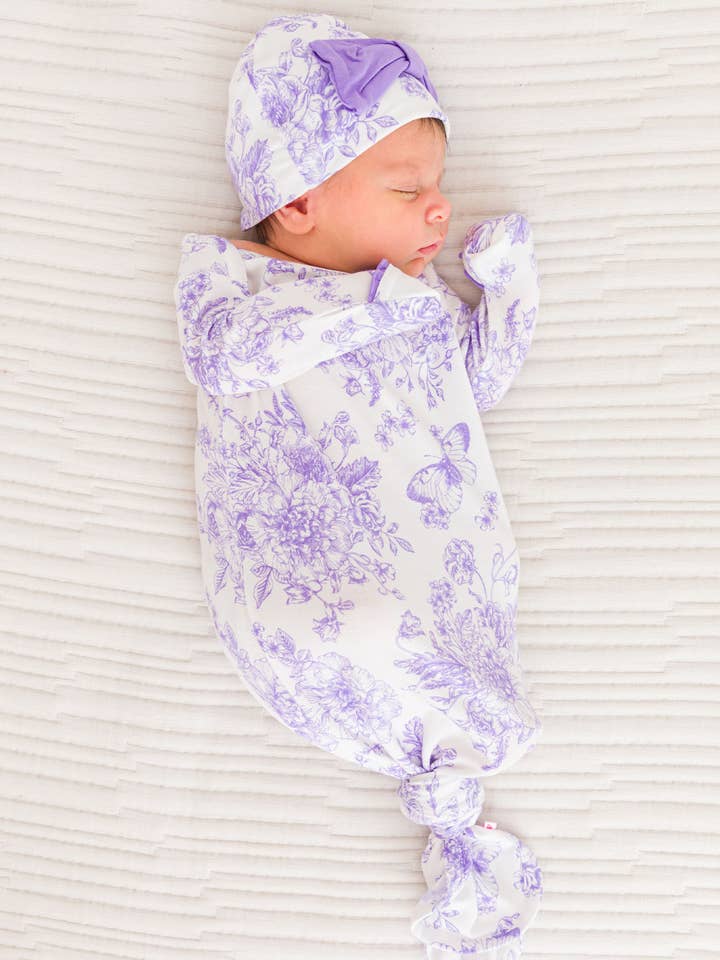 Baby Girls Wisteria Purple Butterfly Garden Toile Bamboo Viscose Knotted Ruffle Gown & Hat Set
for wholesale on Faire