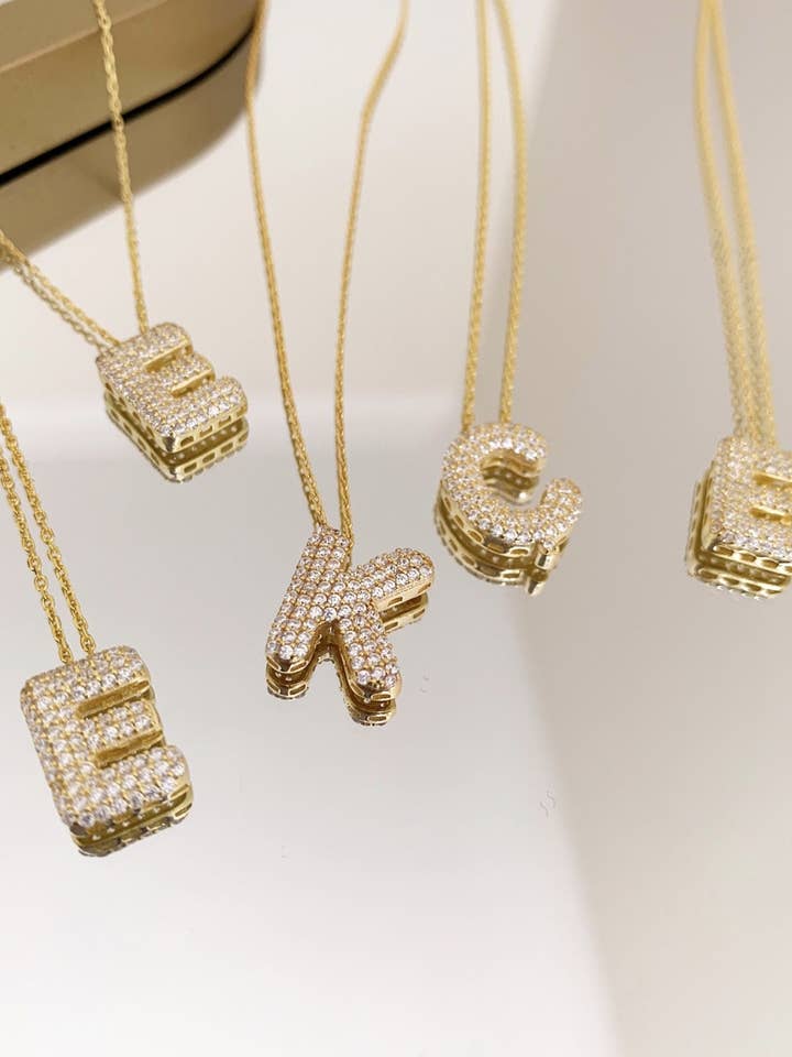 14K Gold Plated Pave Bubble Initial Letter Pendant Necklace for wholesale by Pharos Jewellery
