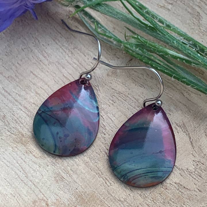 Small Teardrop Fire Painted Copper Earrings for wholesale by Positive Shine Jewelry
