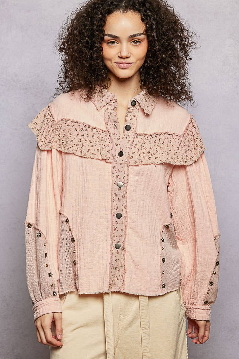 Pol Clothing - Vente Chemise à col boutonné – femme - Chemise à manches ballon en double gaze imprimée à fleurs en solde0