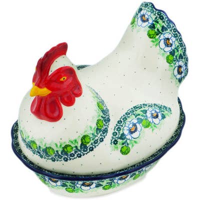 Hen Shaped Jar 9" Green Flora Theme for wholesale by Polmedia Polish Pottery