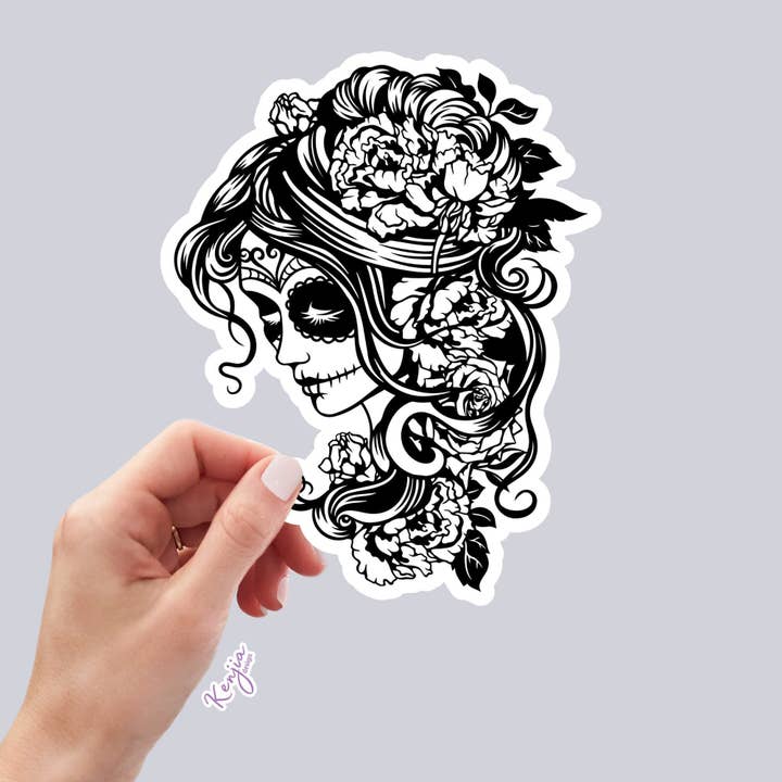 Kenjia Design - Wholesale Sticker - Steampunk Witch Goth Female Sugar Skull with flowers Sticker