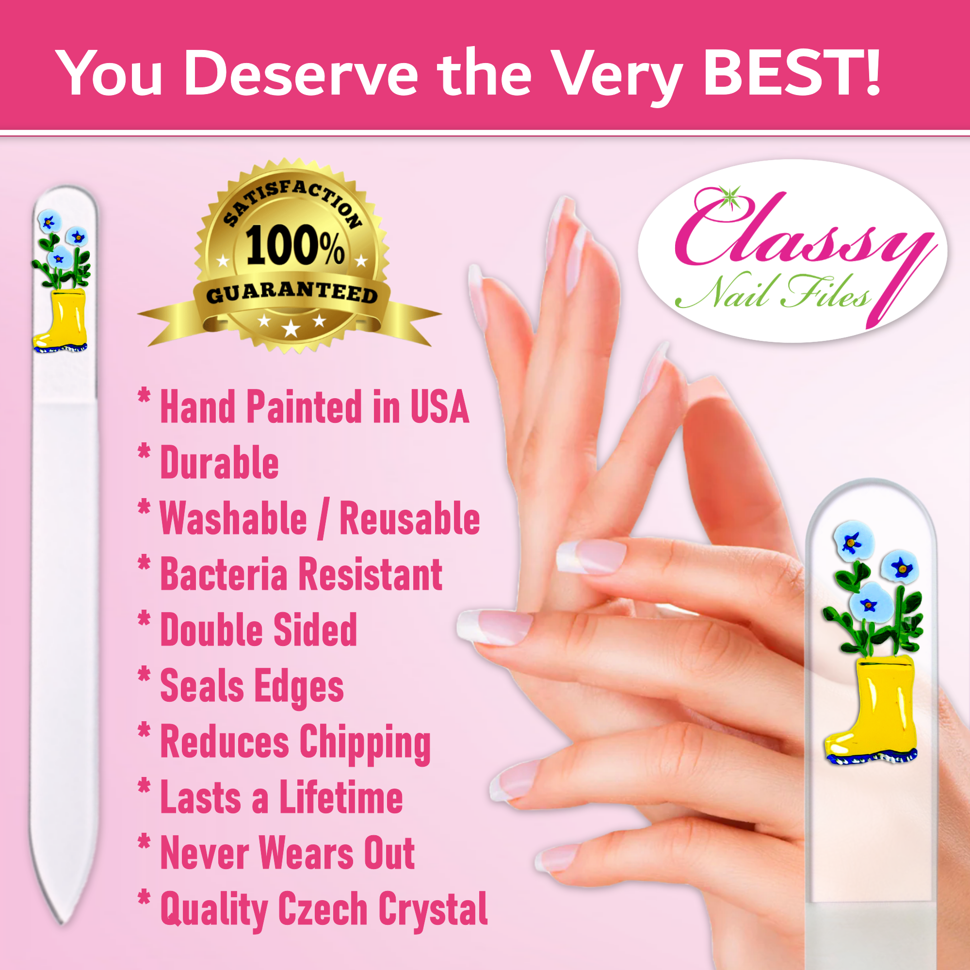 Classy Nail Files - Wholesale Nail File - Rainy Days Boot Flower Pansy Hand Painted Crystal Nail File2