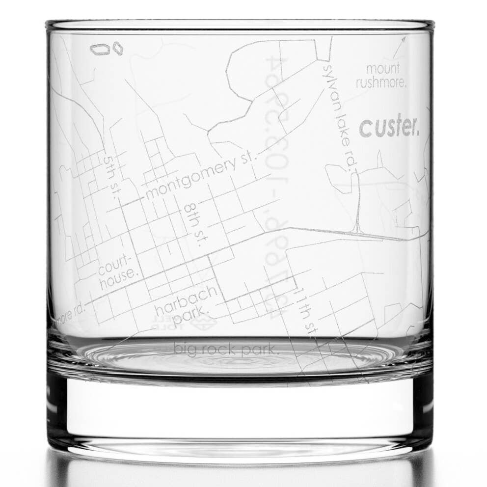 Well Told - Wholesale Drinking Glass/Cup - Custer, SD City Map - Etched Whiskey Rocks Glass0
