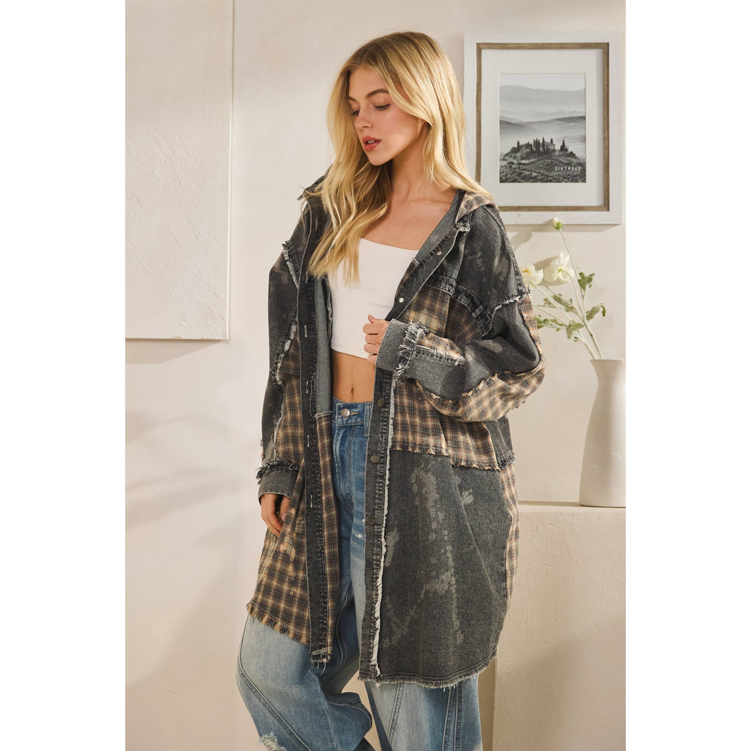 Oli&Hali - Wholesale Shirt Jacket/Shacket - Women's - WASHED BLEACHED DENIM PLAID BUTTON FRONT SHACKET15