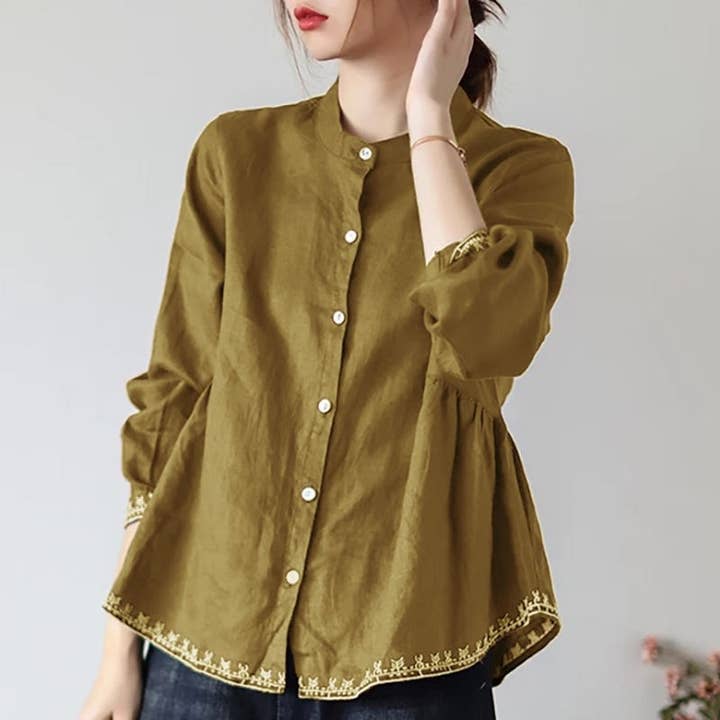 UZ Wholesale Store - Wholesale Button Down Shirt - Women's - Solid Color Loose Fit Plus Size Stand Collar Shirt