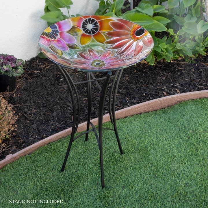 Alpine Corporation 18" Glass Birdbath with Colorful Flowers for wholesale by Alpine Corporation
