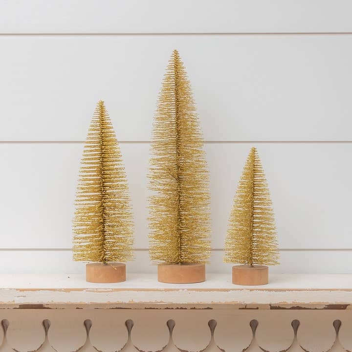 Flaschenbürstenbäume - Holzsockel, Goldglitter (Set aus 03) für den Großhandel von Audrey's Home & Gift