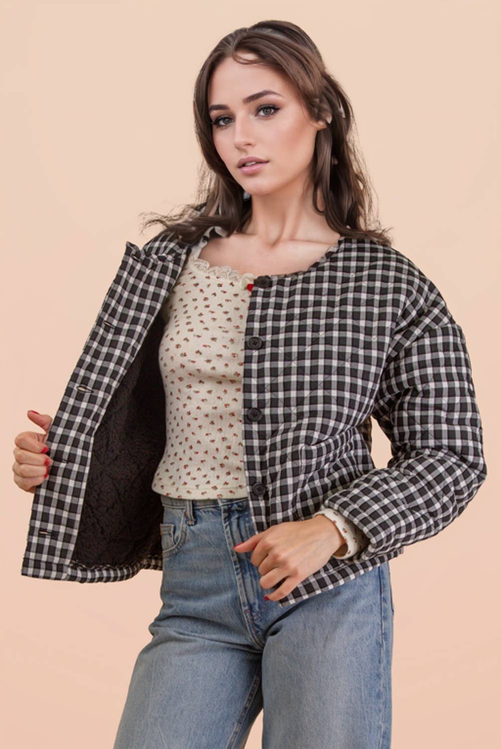 VERY J - Wholesale Jacket - Women's - NJ90419-Oversized Checkered Casual Quilt Jacket1