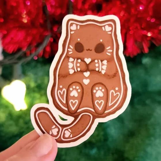 Tiny Cat Vinyl Sticker – Winter - Gingerbread for wholesale by Katrina Wold Art