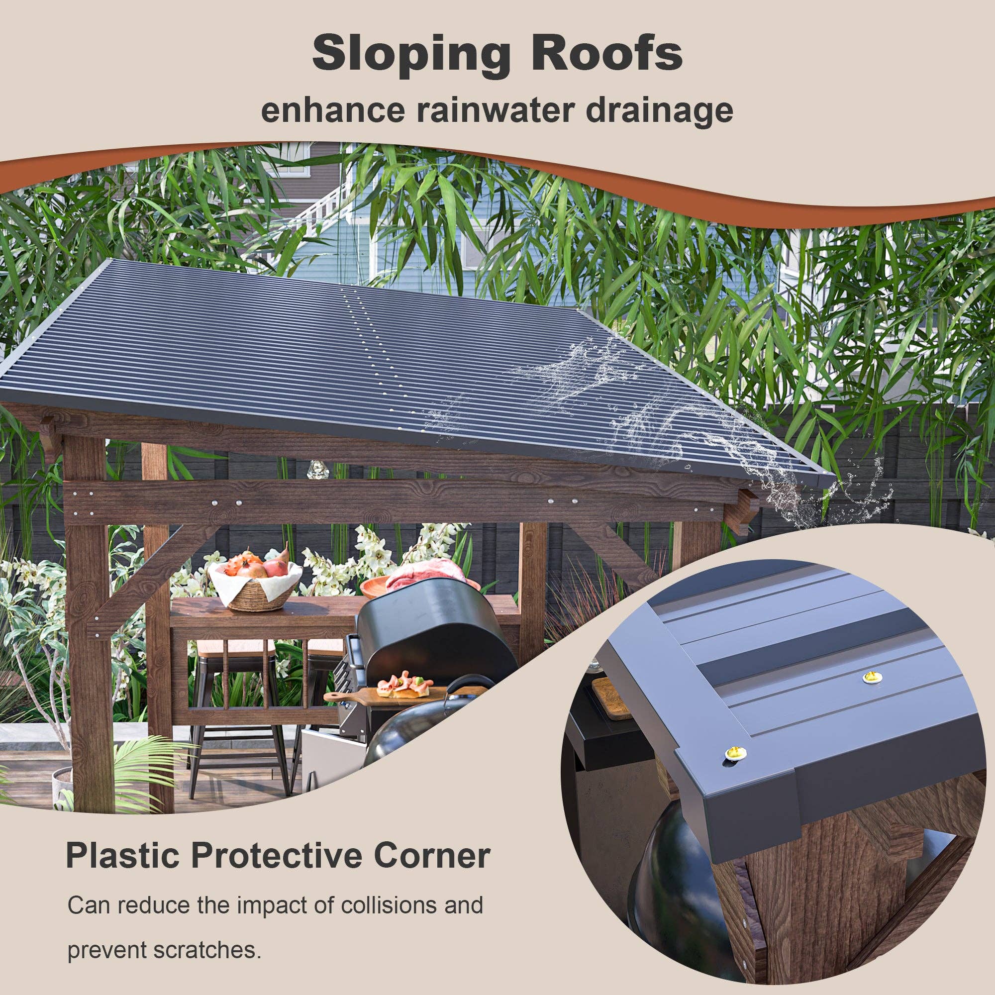 39F Inc. - Wholesale Outdoor Ornament/Decor - 13'x6.5' Wooden Pergola Grill Gazebo w/Metal Roof & Bulbs4