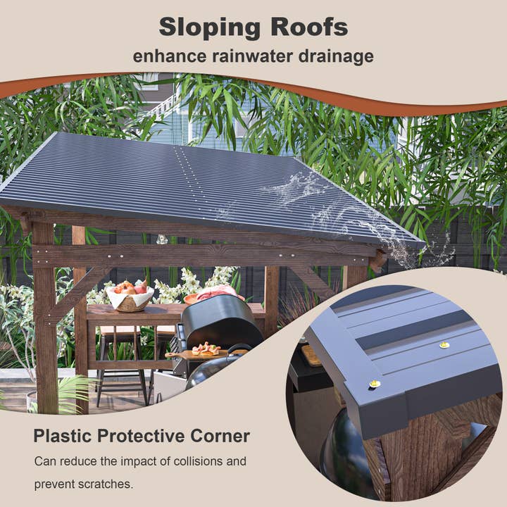 39F Inc. - Wholesale Outdoor Ornament/Decor - 13'x6.5' Wooden Pergola Grill Gazebo w/Metal Roof & Bulbs4
