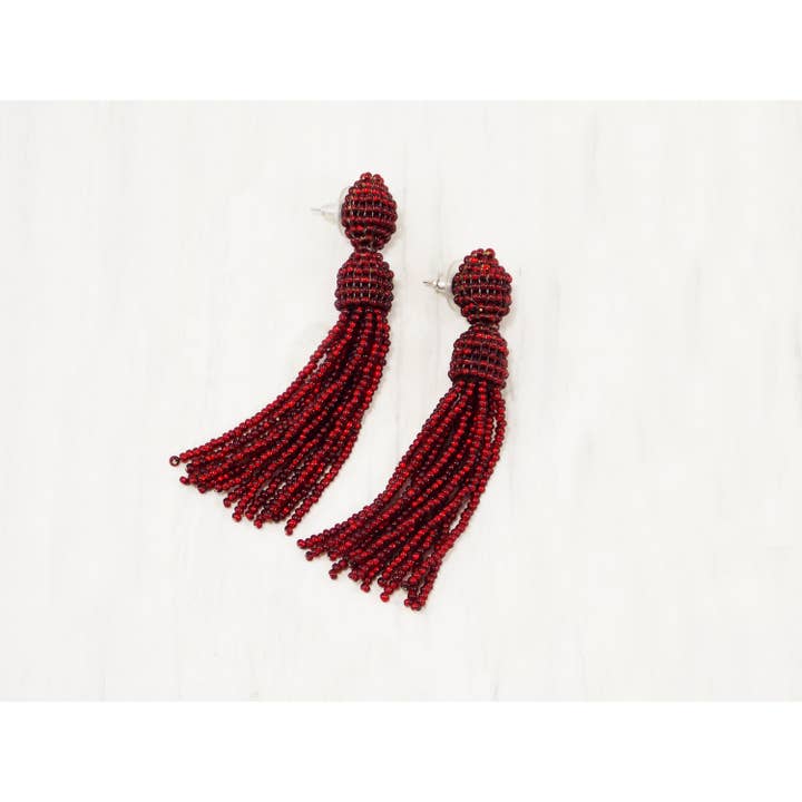 Ninolia – wholesale Tassel earrings – Red Sparkly Earrings Red Holiday Earrings Red Glitter Earrings Red Bead Tassel Fringe Drop Earrings Statement Tassel Burgundy Earrings Stud