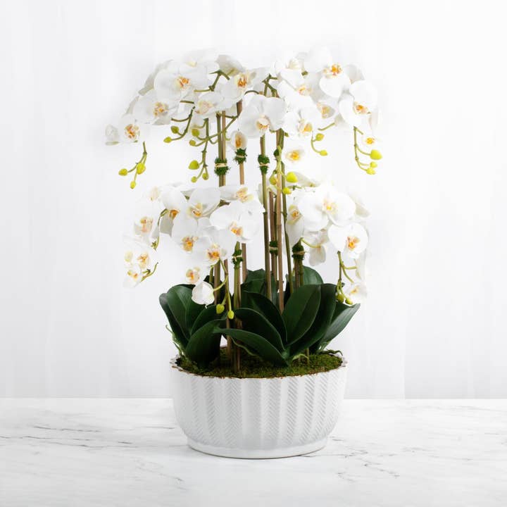 Faux orchid centerpiece - silk orchid arrangement in white vase for wholesale by Vivian Rose LLC