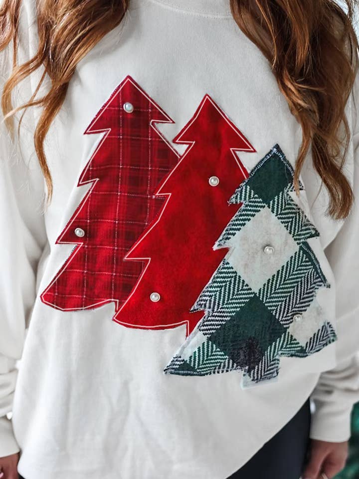 Pearl Plaid Christmas Tree Patched Drop Shoulder Sweatshirt for wholesale by fashionworks