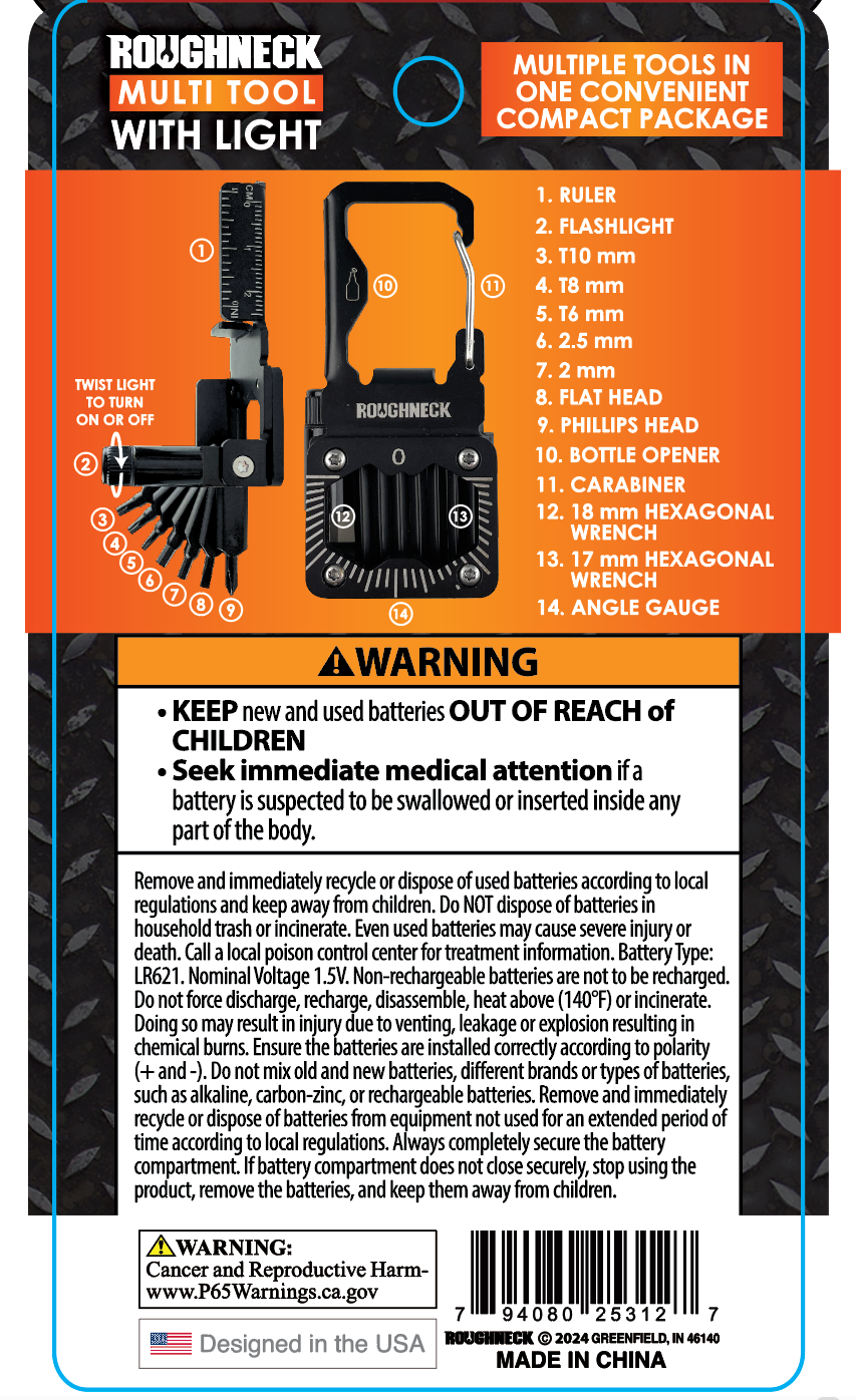 Novelty Closeout - Wholesale Handy Tool - Roughneck Multi-Tool 14-in-1 Carabiner with Light3