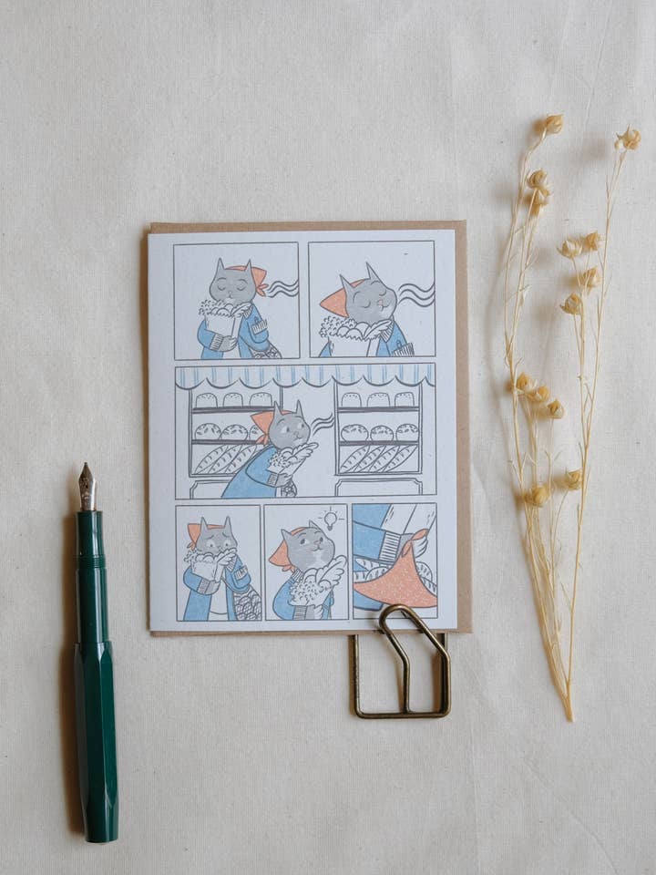Cat Bakery Comic Greeting Card for wholesale by Justine Gilbuena