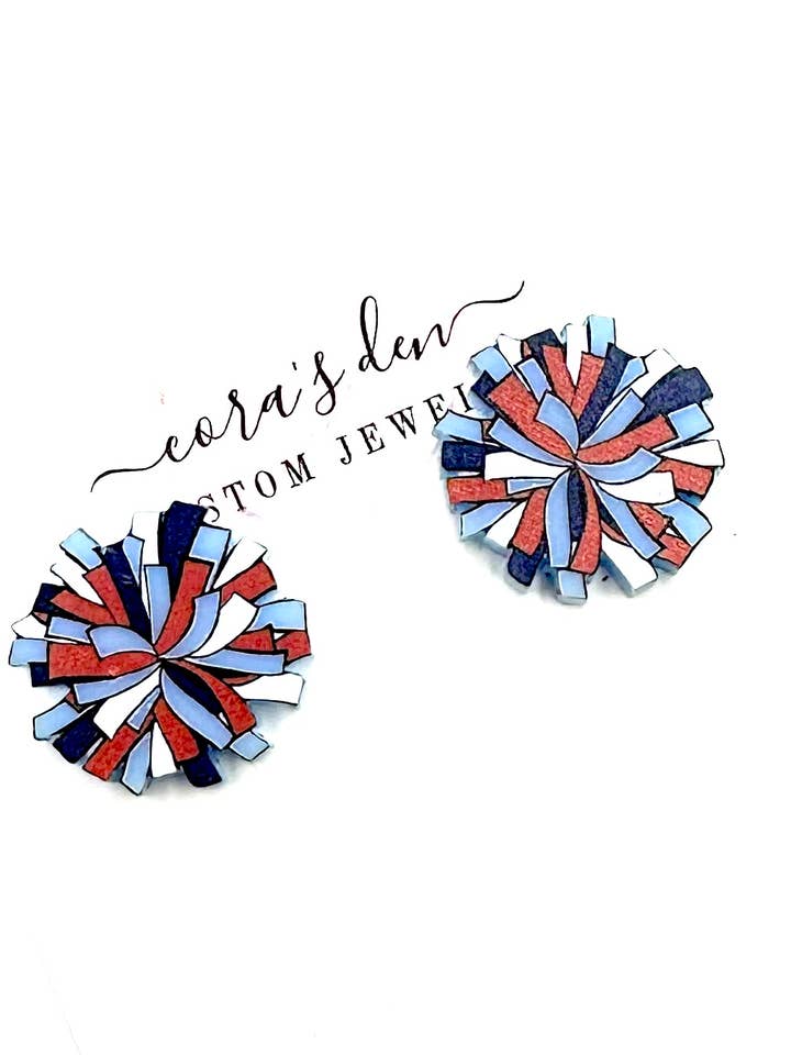 Cheer Pom Stud Earrings - Red / Navy / Light Blue / White for wholesale by Cora's Den