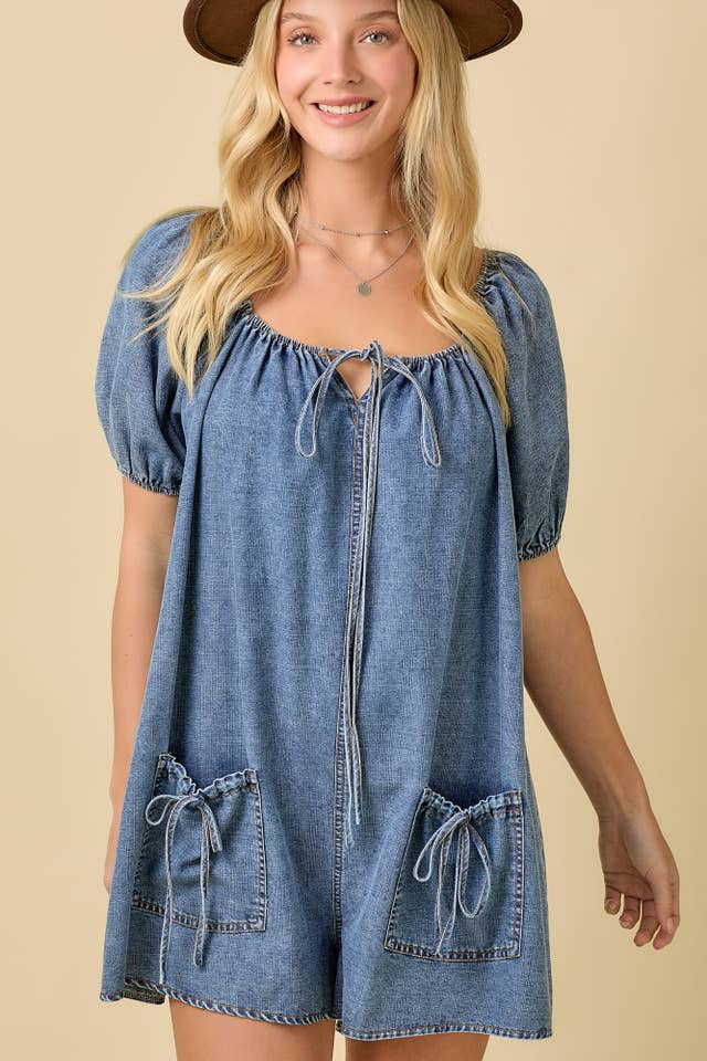 DENIM Square Neck Baby Doll Romper With Front Pocket for wholesale on Faire2