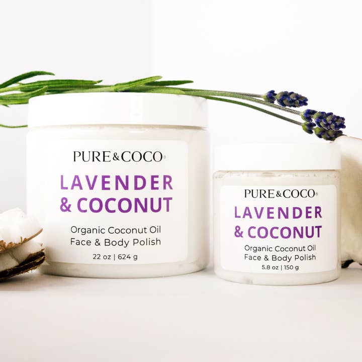 Pure & Coco | Organic Coconut Oil Face & Body Skincare - Wholesale Facial Exfoliant/Scrub - Lavender & Coconut Organic Coconut Oil Face & Body Polish7
